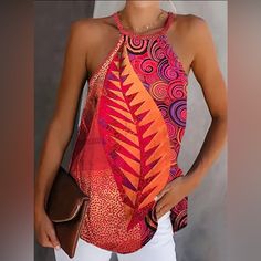 Vibrant Color Leaf Print Halter Top Size: Various Vibrant Colors Leaf Polyester Elastane Machine Wash Purple, Orange, Red New In Package Pattern Leaf, Estilo Boho Chic, Red Boho, Top Halter, Plus Size Kleidung, Casual Tank Tops, Sweater Sale, Pink Tank Top, Online Tops