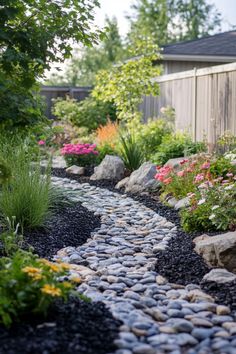 A beautifully landscaped garden with a stone pathway lined with vibrant flowers and greenery. Low Water Landscaping, Perfect Backyard, Backyard Diy Projects, Backyard Retreat