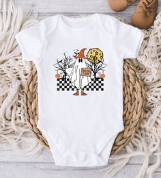 ** Quick Sizing Tip ** Baby ONESIES® Brand Bodysuits tend to run very small so we recommend sizing up for a better fit and to give baby longer wear time because they grow so fast. Toddler shirts are true to size. 📋 HOW TO ORDER: ✧ Choose Baby ONESIES® Brand Bodysuit or shirt size (sizing chart below) and sleeve length ✧ Select design color if applicable ✧ For personalized designs - enter customization in "Add your personalization" field ✧ ADD TO CART ✧ Select from our shipping class options (al White Onesie With Character Print For Playtime, White Short Sleeve Onesie With Character Print, Playful Halloween Onesie With Cartoon Print, Cute White Halloween Onesie, Halloween Cotton Onesie For Playtime, Halloween Playtime Cotton Onesie, Cute White Bodysuit For Halloween, Halloween Baby Gift, Halloween Baby