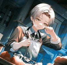 an anime character with white hair is holding a knife and looking at something in front of him