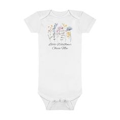 Little Wildflower Personalized Baby Short Sleeve Onesie® - Amazing Faith Designs Baby Shorts, Custom Shorts, Shower Set, Care Label, Brand Tags, Personalized Baby, Baby Names, Snap Closure, New Product