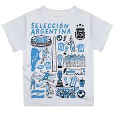 a white t - shirt with blue and black illustrations on the front that says selection argentina