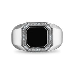 10MM Square Onyx and Diamond Ring in Rhodium Plated Sterling Silver Silver Diamond Signet Ring With Gemstone, Modern White Gold Rings With Black Enamel, Fine Jewelry In Silver With Black Enamel, Fine Silver Jewelry With Black Enamel, Fine Jewelry Onyx Ring In White Gold, Fine Jewelry White Gold Onyx Rings, Modern Black Diamond Ring With Gemstone, White Gold Onyx Ring Fine Jewelry, White Gold Onyx Ring For Anniversary