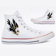 These white canvas high top converse have been printed with traditional style eagles on the outside of each shoe. We buy each pair of shoes BRAND NEW. Each pair is made to order, please make sure you put in the correct shoe size before you check out. The paint is permanent and will never come off, fade away, or peel off. Made in the USA. This price includes everything: shoes, artwork, and shipping. Thanks for stopping by our Etsy shop! Please message me with any questions! Because the artwork is White High-top Sneakers With Graphic Print, White High-top Canvas Shoes For Skateboarding, White Low-top Canvas Shoes With Graphic Print, White Graphic Print Low-top Canvas Shoes, White Lace-up High-top Sneakers With Graphic Print, White Mid-top Canvas Shoes For Skateboarding, Custom Slip On Vans, Shoes Artwork, Traditional Eagle