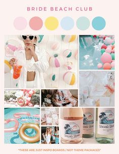 the bride beach club is featured in this photo collage with pastel colors and balloons