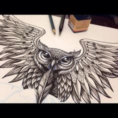 an owl with wings drawn on a sheet of paper