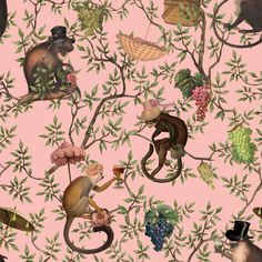 monkeys and grapes on a pink wallpaper with green leaves, vines and umbrellas