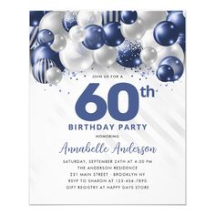 an elegant 30th birthday party with balloons and streamers on the front, in blue and white