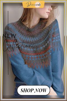 Casual Bohemian Sweater Bohemian Sweater, Fashion Materials, Round Neck Sweaters, Casual Sweaters, Knitted Pullover, Color Matching, Daily Life, Knitted Sweaters, Length Sleeve