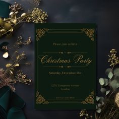 an elegant christmas party card with greenery and gold foil on black paper, surrounded by other holiday decorations