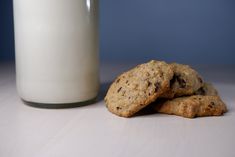 two cookies and a glass of milk on a table