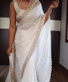 *An adorable chikankari collection with sabyasachi borders in scallop style on pure khaddi georgette silk saree* Pure fabric In elegant pearl white shade Pretty 😍   length: 5.50 Meters || Blouse fabric length: 1.00 Meter  ✅ Occasion: Festival Special | Indian Wedding | Engagement Ceremony | Award Ceremony and Business Functions | Partywear | Sangeet wear | Christmas Day | Haldi wear | Mothers day special | Baby-Shower wear | Bridesmaid Saree blouse stitching available but extra charge will be a Sabyasachi Borders, White Saree Aesthetic, Nepali Clothing, Indian Royalty, Georgette Silk Saree, Chikankari Saree, Indian Bridesmaid Dresses, Simple Saree Designs, Bridesmaid Saree