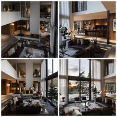 three pictures of a living room with large windows