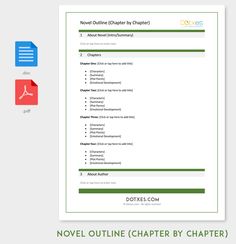 the novel outline is shown in green and white, along with an image of a book title