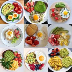 several plates with different types of breakfast foods on them, including eggs, avocado, strawberries, and toast