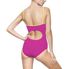 The one piece swimsuit is designed for fashion-consious swimmers. It features a hollowed-out backing. The fabric construction is 83% nylon and 17% spandex. This combination is ideal for displaying the vivid colors of a printed design. There is an elastic component near the chest area. This is designed for extra support. 83% Nylon 17% Spandex. Light fabric (5.01 oz/yd² (169 g/m²)). Cut out at the back. Elastic straps. Runs smaller than usual. XS S M L XL 2XL 3XL Chest Width , in 12.99 13.98 14.96 One-piece Nylon Leotard For Swimwear, Summer Sports T-back Bodysuit, Summer Sports Bodysuit With T-back, Summer T-back Sports Bodysuit, Pink One-piece Nylon Swimwear, Pink Nylon One-piece Swimwear, Stretch One-piece Sports Swimwear, Sporty Pink One-piece Swimwear, Sporty One-piece Pink Swimwear