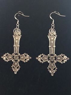 Large cross earrings  6cm x 4cm cross size With silver plated shepherds  Or choose sterling silver shepherds hook wires Gothic Nickel-free Cross Jewelry, Gothic Oxidized Metal Earrings, Gothic Silver Metal Earrings, Silver Gothic Metal Earrings, Gothic Metal Cross Jewelry, Gothic Cross Metal Jewelry, Gothic Silver Earrings With Oxidized Finish, Gothic Metal Plug Earrings, Nickel-free Metal Cross Earrings