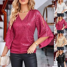 #ad Top Rated Women's Shirt Womens Sequin Tops 3/4 Sleeve Glitter Sparkly Party Blouse V Neck, Fashion women's top Pink Sequin Top Outfit, Sparkly Party Outfit, Sparkly Tops, Dressy Blouses, Sparkly Party, Party Blouse, Sequin Sleeve, Dressy Blouse, Slim Fit Top