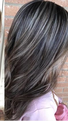 Dark Hair Beige Highlights, Blending Brown Hair With Gray, Brown Hair With Gray Blending, Dark Auburn Hair With Gray Highlights, Brown Hair Blending Grey, Dark Hair With Highlights To Blend Grey, Highlights For Dark Brown Hair With Gray