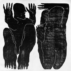 black and white drawing of two people standing next to each other with their hands in the air