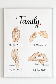 a family poster hanging on the wall with hands holding each other's heart and names