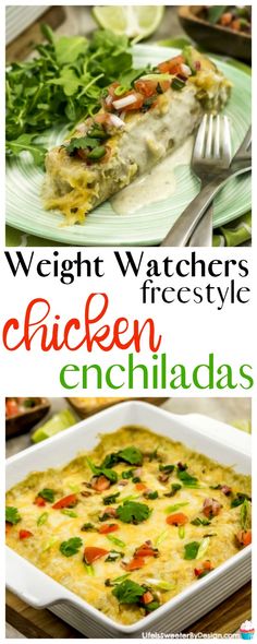 chicken enchiladas in a white casserole dish with text overlay