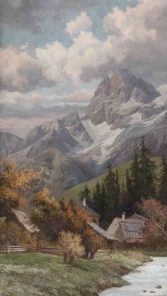 an oil painting of mountains and houses in the foreground with a river running through it