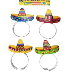 four mexican sombrero headbands are shown in three different colors and sizes