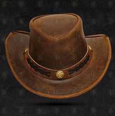 Elevate your western style with this handcrafted leather cowboy hat, designed for both cowboys and cowgirls. Whether you're out on the ranch or enjoying a night under the stars, this hat adds a touch of authenticity to any outfit. Made from genuine leather, it's not just a hat--it's a statement piece that combines rugged durability with timeless style. Available in four distinct colors--black, brown, mustard, and burgundy--this hat ensures you find the perfect shade to match your personality. Wi Rustic Leather Fedora For Rodeo, Leather Fedora Hats For Rodeo, Leather Brimmed Fedora For Rodeo, Brown Leather Fedora For Rodeo, Western Leather Fedora With Flat Brim, Western Style Leather Fedora With Flat Brim, Rustic Leather Fedora For Western-themed Events, Western Adjustable Costume Hats And Headpieces For Country Events, Leather Fedora For Rodeo With Short Brim