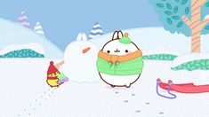 a cartoon character is standing in the snow next to an animal and a toy boat