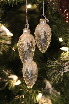 two glass ornaments hanging from a christmas tree