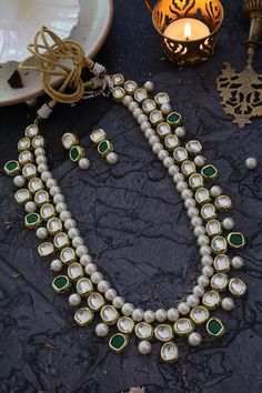 Gold plated necklace with green kundan embellishment and off-white shell pearl drops. Comes with earrings. - Aza Fashions Festive Green Pearl Drop Necklace, Gold Plated Necklace, Pearl Drop, Aza Fashion, Necklace Set, Jewelry Sets, Paisley, Shells, Gold Plate