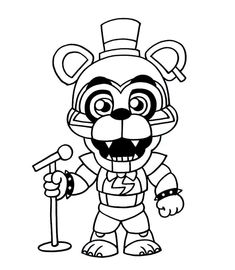 a cartoon bear with a microphone and hat on it's head, standing in front of