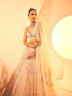 Peach foil lehenga set Tulle Embroidery, Greyish Brown