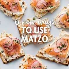 some crackers with food on them and the words 6 new ways to use matzo