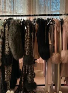 several coats and shoes are hanging on a rack