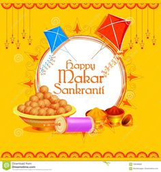 happy makar sanki greeting card with colorful kites and sweets on yellow background