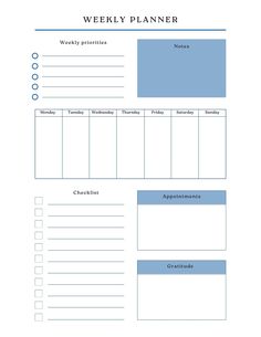 a printable weekly planner is shown in the middle of a page with blue accents