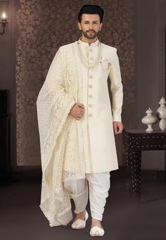 Sherwani Dhoti Wedding, Dhoti Sherwani, Cream Sherwani, Men Sherwani, Man Dress Design, Groom's Attire