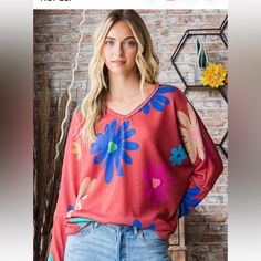 B129striking On-Trend Soft Red Daisy Fprint Top W/V-Neck+ Relaxed Fit 2wear On Or Off Shoulder! Gr8 Day2date Look 4 Color; Flattery; * Happy Print! Casual Tops With Vibrant Print For Fall, Bold Graphic Print Tops For Spring, Red Printed Tops For Fall, Red Tops With Vibrant Print For Fall, Red Floral Print Tops For Fall, Vibrant Red V-neck Top, Vibrant Red Tops For Fall, Fall Floral Print Red Top, Vibrant Red Top For Fall