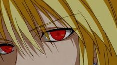 an anime character with blonde hair and red eyes looks at the camera while staring straight ahead