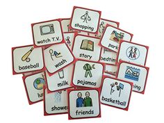 six matching flash cards with words and pictures on them