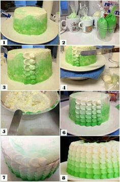 steps to make a cake with green icing and marshmallows on it