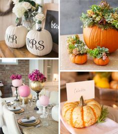 four different pictures with pumpkins and succulents on them, including one for the centerpiece