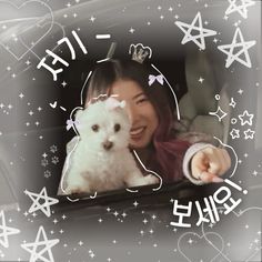 a woman holding a small white dog in her lap with stars and hearts on the background