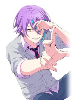 an anime character with purple hair and glasses making the peace sign while sitting on his knees