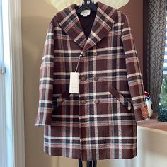 Brand New Gucci Check Patterns % Wool Double Breasted Gucci Bottoms, Two Pockets, Left Hand Sleeve With Gucci Patch. Bug Gucci Gg Patterns Inside! It Is A Stunning Coat! Kids Size 12 Fits Lady Size Loosely! Oversized Look! Beautiful Tailored Gucci Blazer For Fall, Designer Gucci Fall Blazer, Gucci Wool Long Sleeve Blazer, Gucci Long Sleeve Wool Blazer, Gucci Designer Single Breasted Outerwear, Designer Gucci Outerwear With Button Closure, Gucci Fitted Outerwear For Fall, Designer Gucci Single-breasted Outerwear, Fitted Gucci Outerwear For Fall