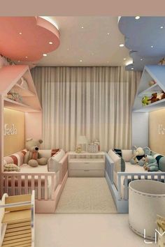 a child's room with baby cribs and other furniture in the corner