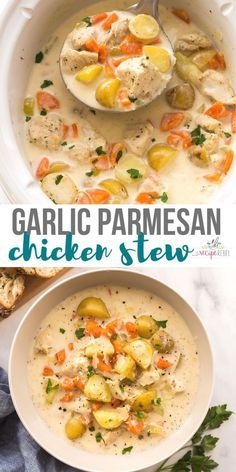 two bowls of garlic parmesan chicken stew on a marble counter top with text overlay