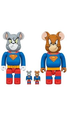 two toy figures are shown in the shape of cats and mouses, one is wearing a